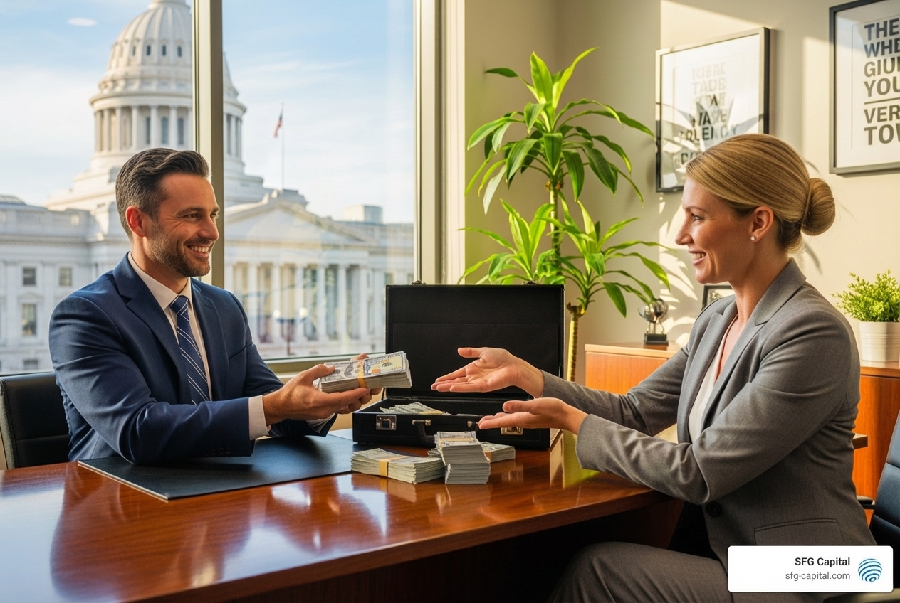 Flowchart showing a business's ERC claim going to SFG Capital, which provides an advance, and then the IRS refund later goes to SFG Capital - erc advance funding