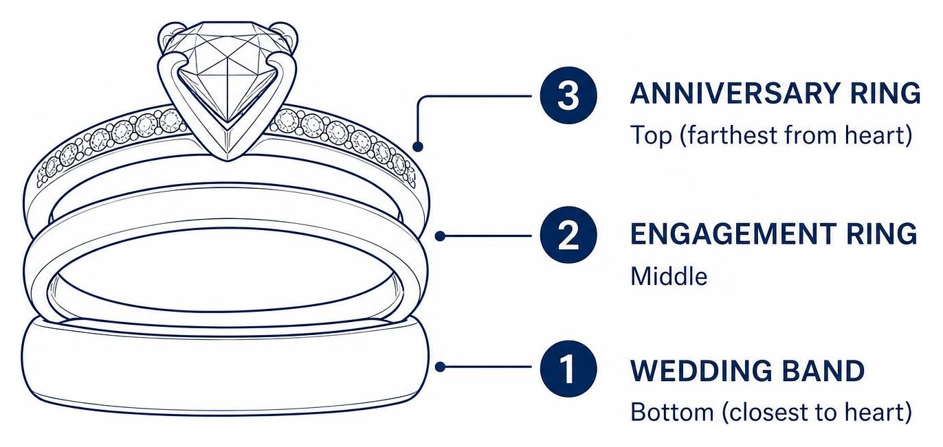 Diagram of stacking order: Wedding band first (closest to heart), engagement ring in the middle, and anniversary ring