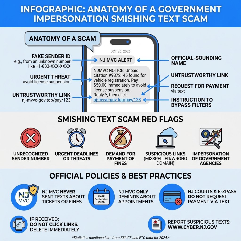 Infographic: anatomy of a government impersonation SMiShing text scam, red flags and official policies - njmvc scam