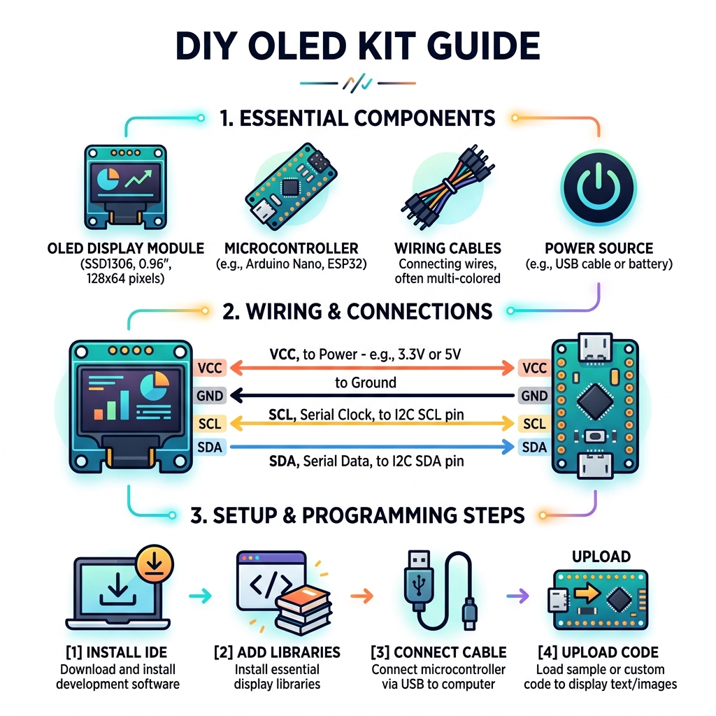 DIY OLED kit components, wiring, and setup steps infographic - DIY OLED kit guide infographic DIY OLED kit components, wiring, and setup steps infographic - DIY OLED kit guide infographic