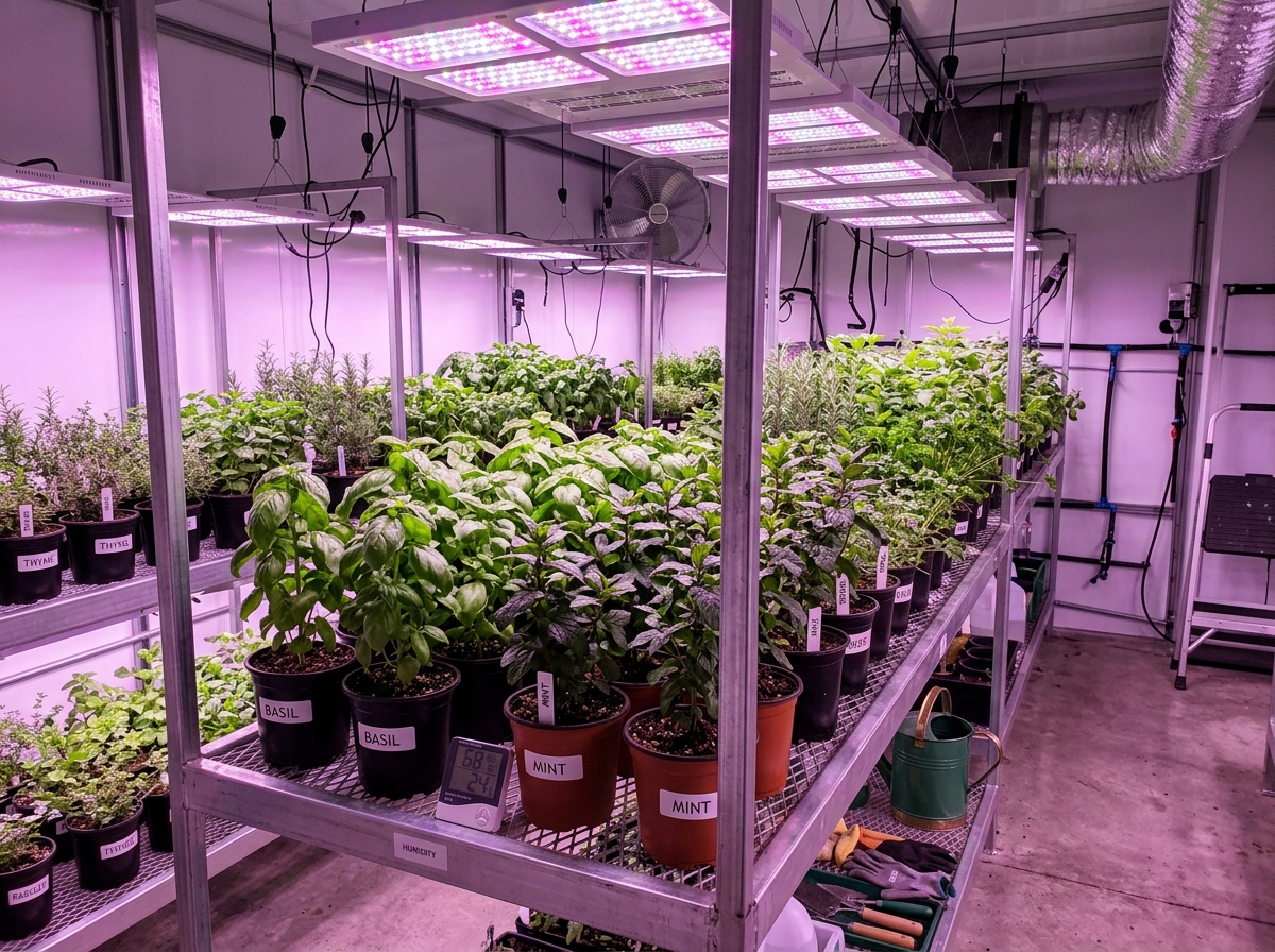 purple-tinted grow room with herbs under LED lights - blurple spectrum herb grow