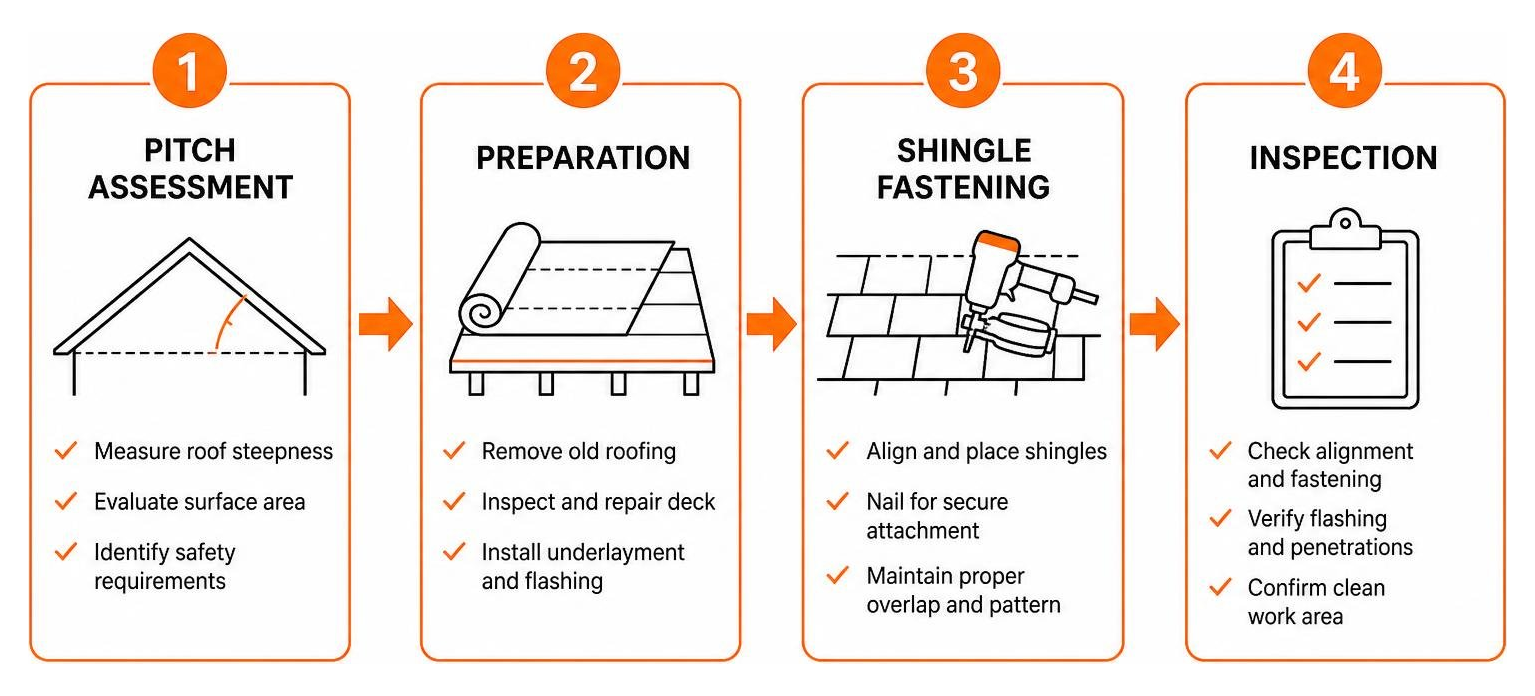 Roof installation workflow across pitch assessment preparation shingle fastening and inspection Roof installation workflow across pitch assessment preparation shingle fastening and inspection