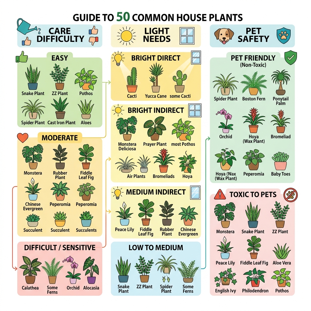 infographic showing 50 most common house plants grouped by care difficulty, light needs, and pet safety - 50 most common
