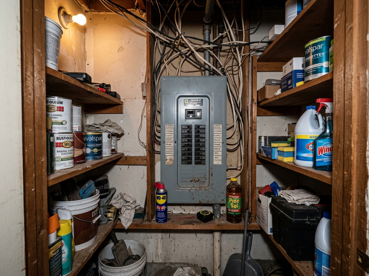 A photo of an electrical panel squeezed into a cramped, dark closet - Electrical panel relocation A photo of an electrical panel squeezed into a cramped, dark closet - Electrical panel relocation