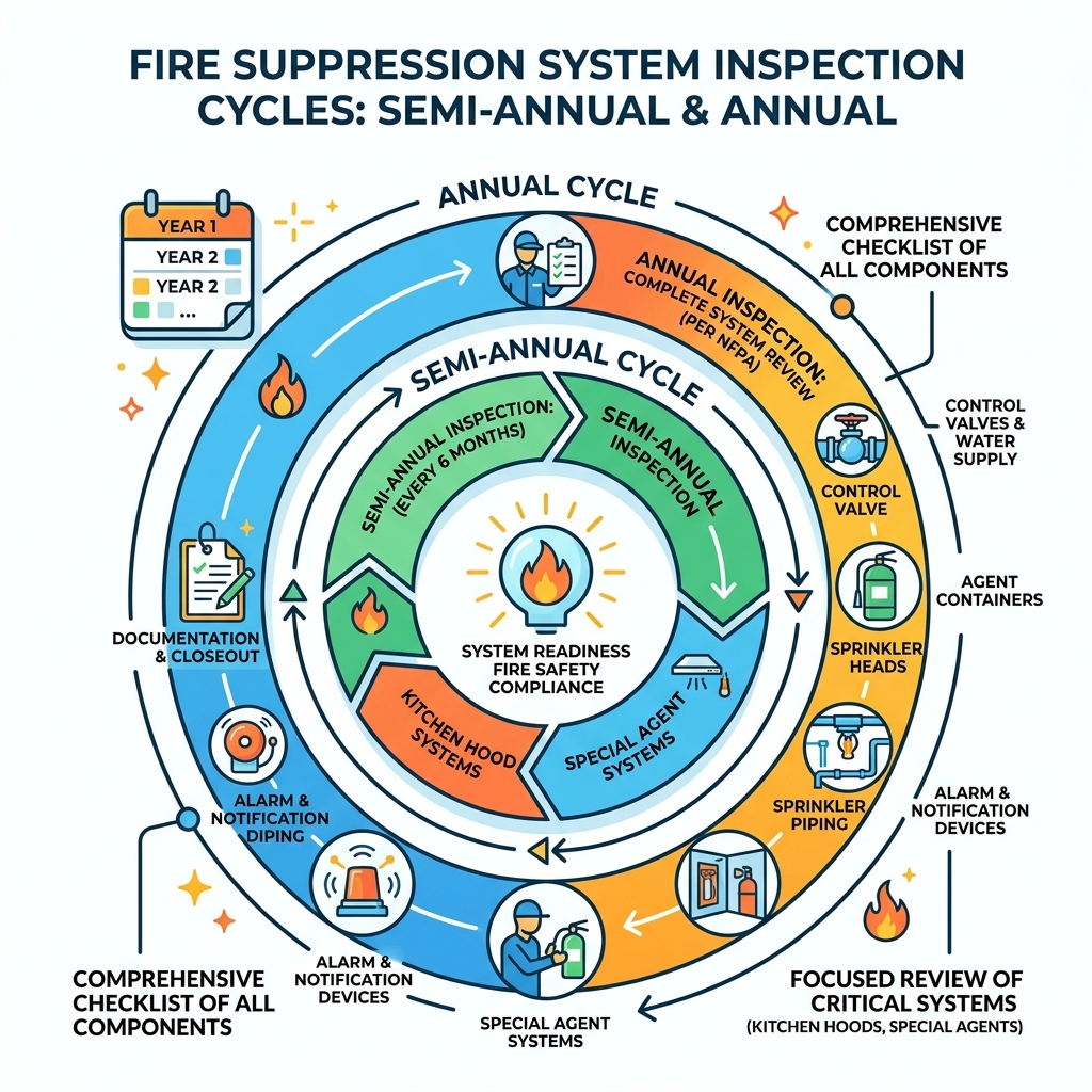 Semi-annual and annual fire suppression system inspection cycle infographic - Fire suppression system inspection checklist