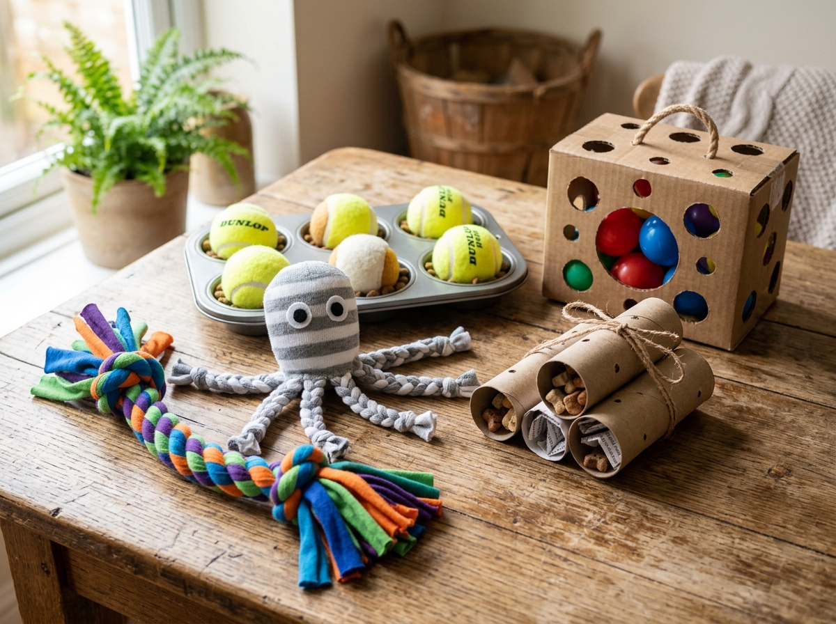 Collection of completed DIY pet toys including t-shirt ropes and cardboard puzzles - cheap pet toy crafts Collection of completed DIY pet toys including t-shirt ropes and cardboard puzzles - cheap pet toy crafts