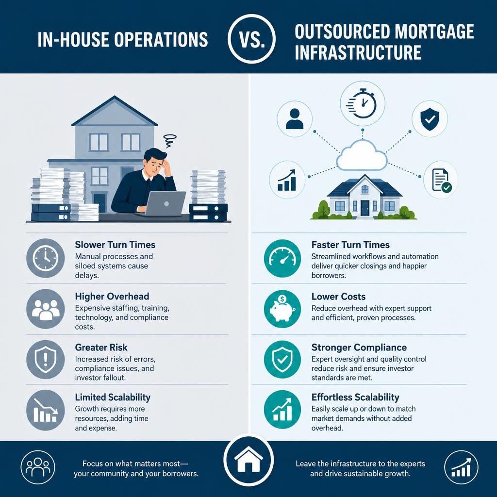 comparing in-house operations vs outsourced mortgage infrastructure infographic