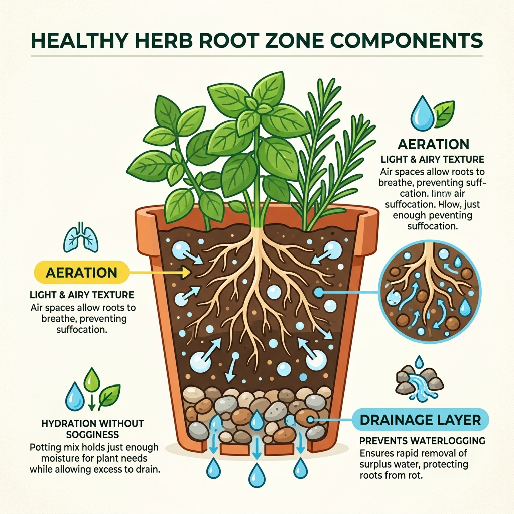 diagram showing components of a healthy herb root zone including drainage layer, aeration, and moisture balance - potting diagram showing components of a healthy herb root zone including drainage layer, aeration, and moisture balance - potting