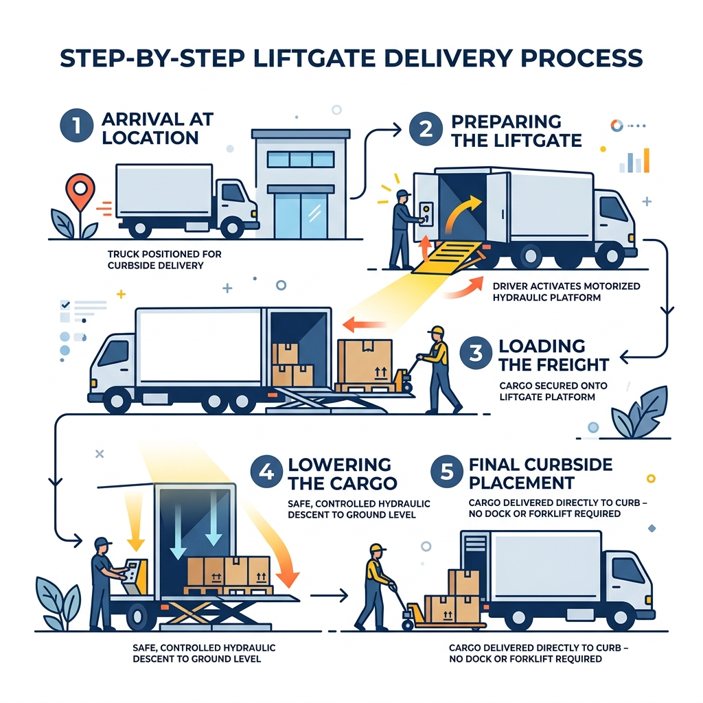 Step-by-step liftgate delivery process from truck tailgate to curbside ground level - liftgate service infographic 