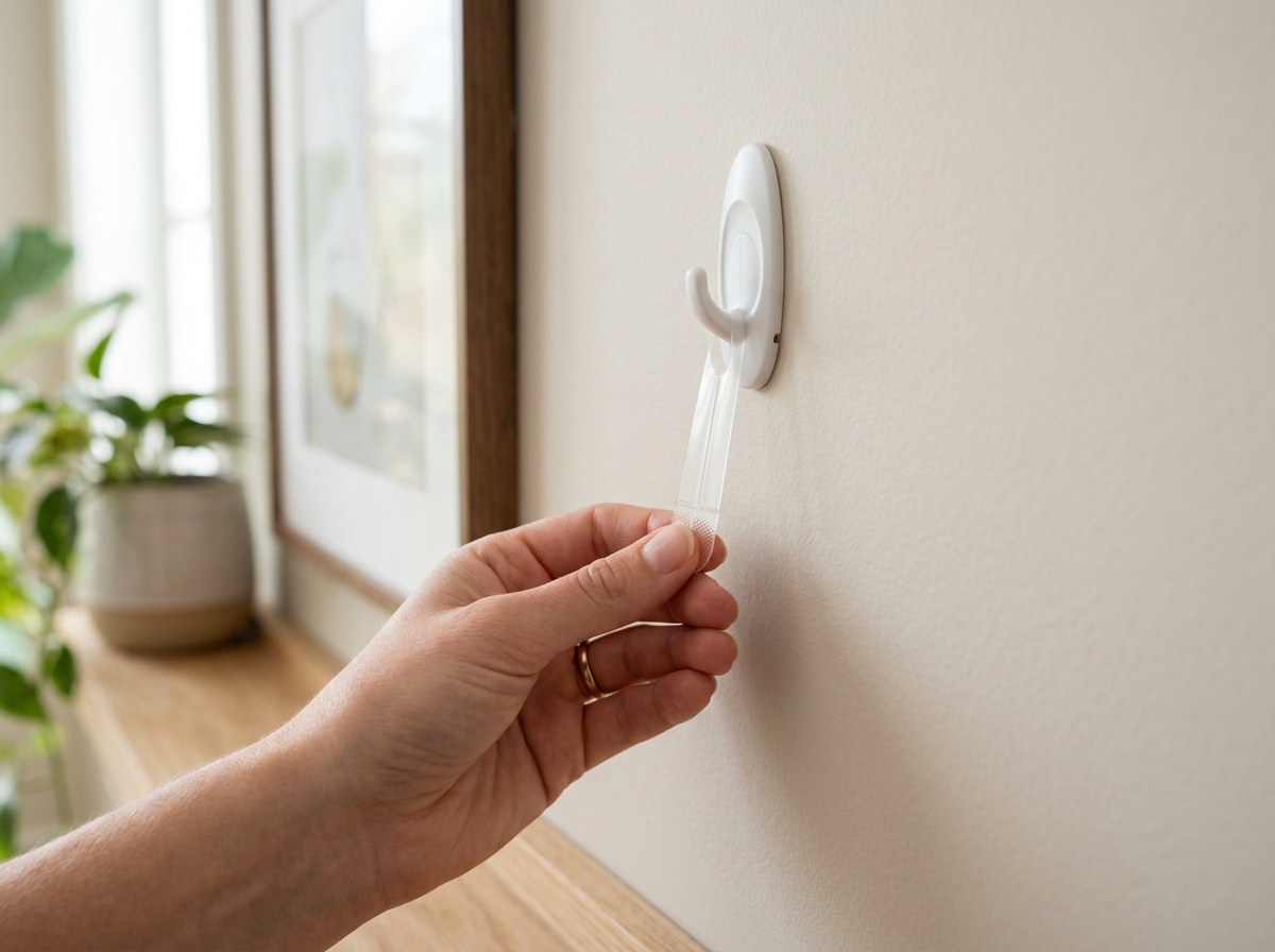 properly removing an adhesive strip by pulling the tab straight down parallel to the wall - adhesive hooks for painted walls
