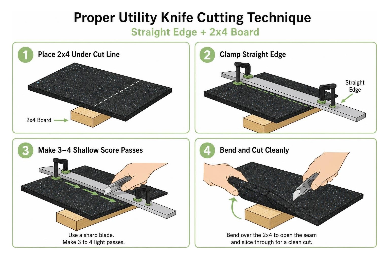 Proper utility knife cutting technique using a straight edge and 2x4 board