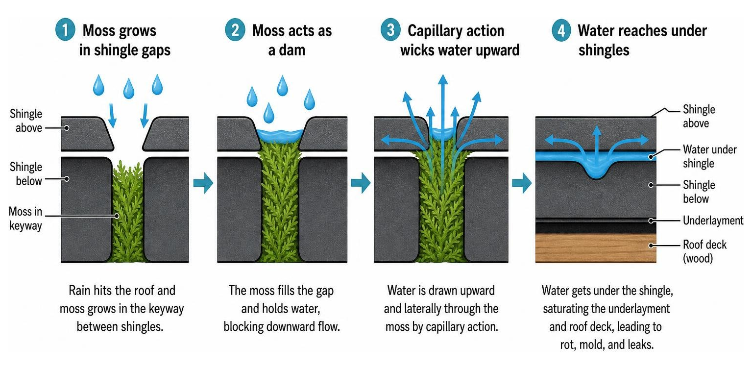 Diagram showing how moss in shingle gaps acts as a dam and wicks water upward via capillary action