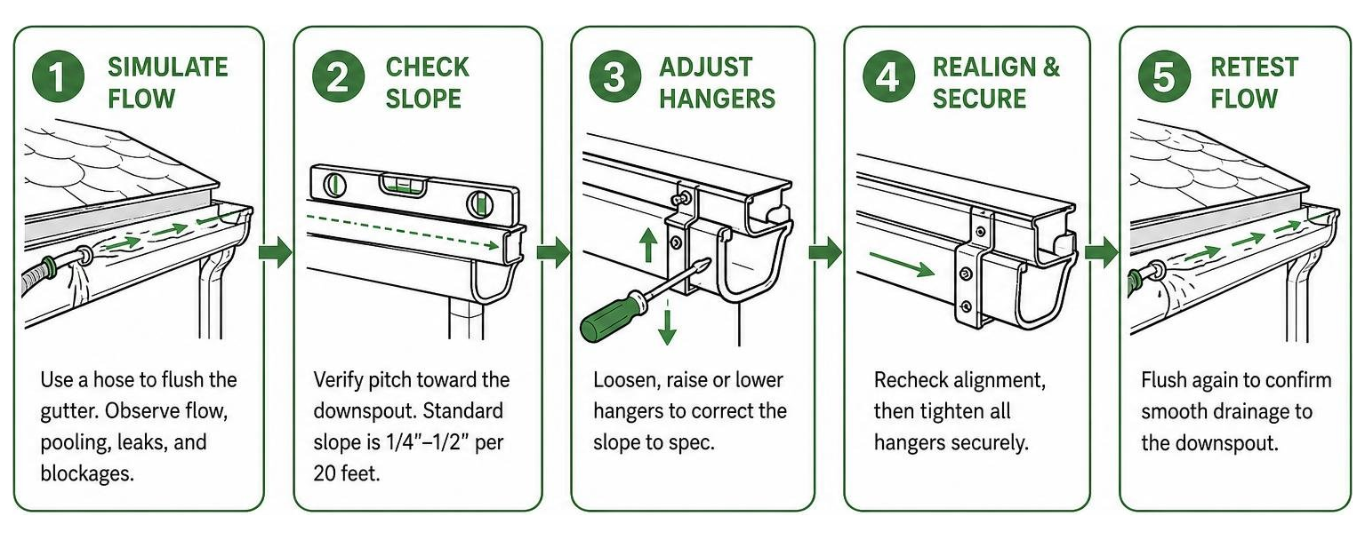 Step-by-step gutter slope and hanger alignment process Step-by-step gutter slope and hanger alignment process