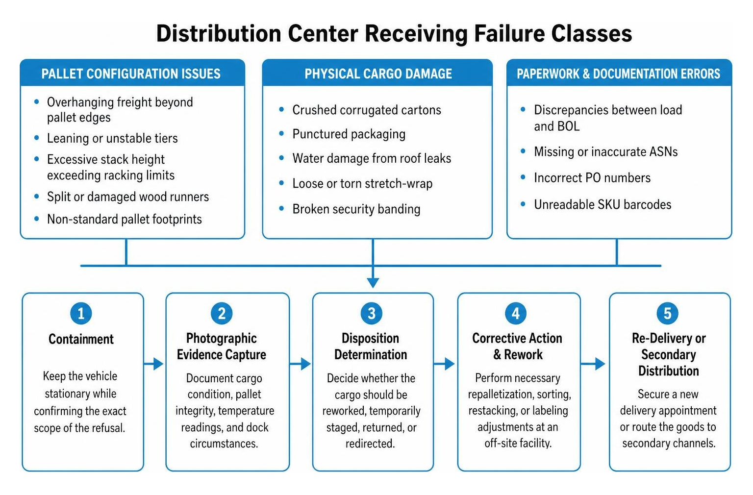 Distribution center receiving failure classes