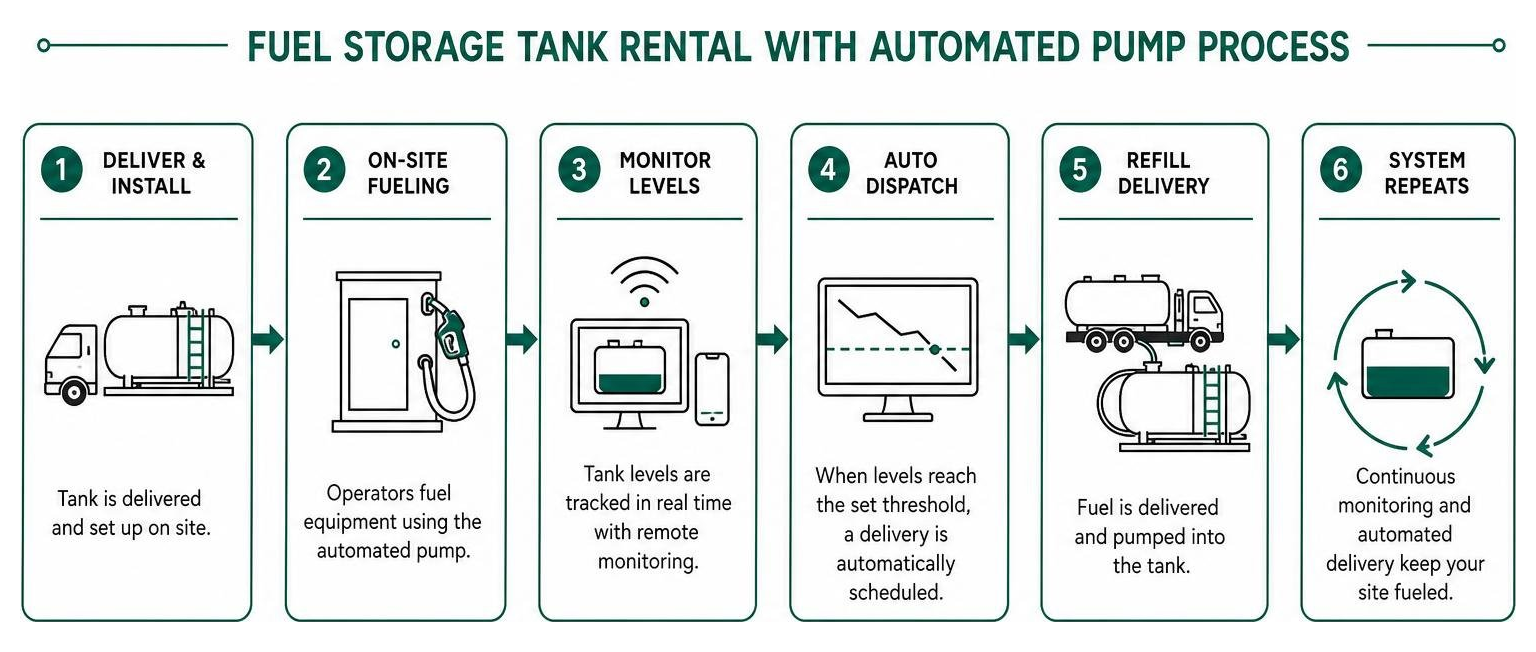 Fuel storage tank rental with automated pump process Fuel storage tank rental with automated pump process