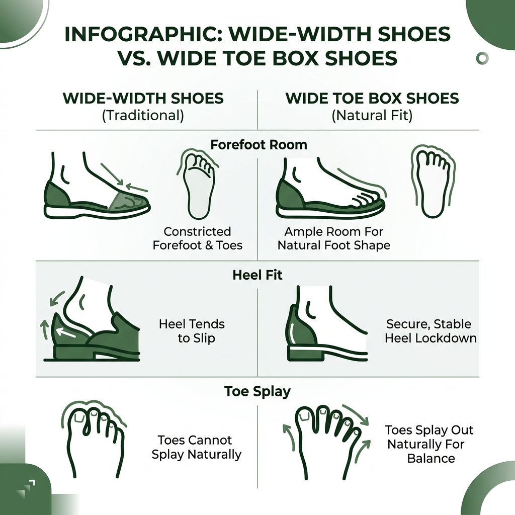 Infographic comparing wide-width shoes vs wide toe box shoes: forefoot room, heel fit, toe splay - big toe box shoes Infographic comparing wide-width shoes vs wide toe box shoes: forefoot room, heel fit, toe splay - big toe box shoes