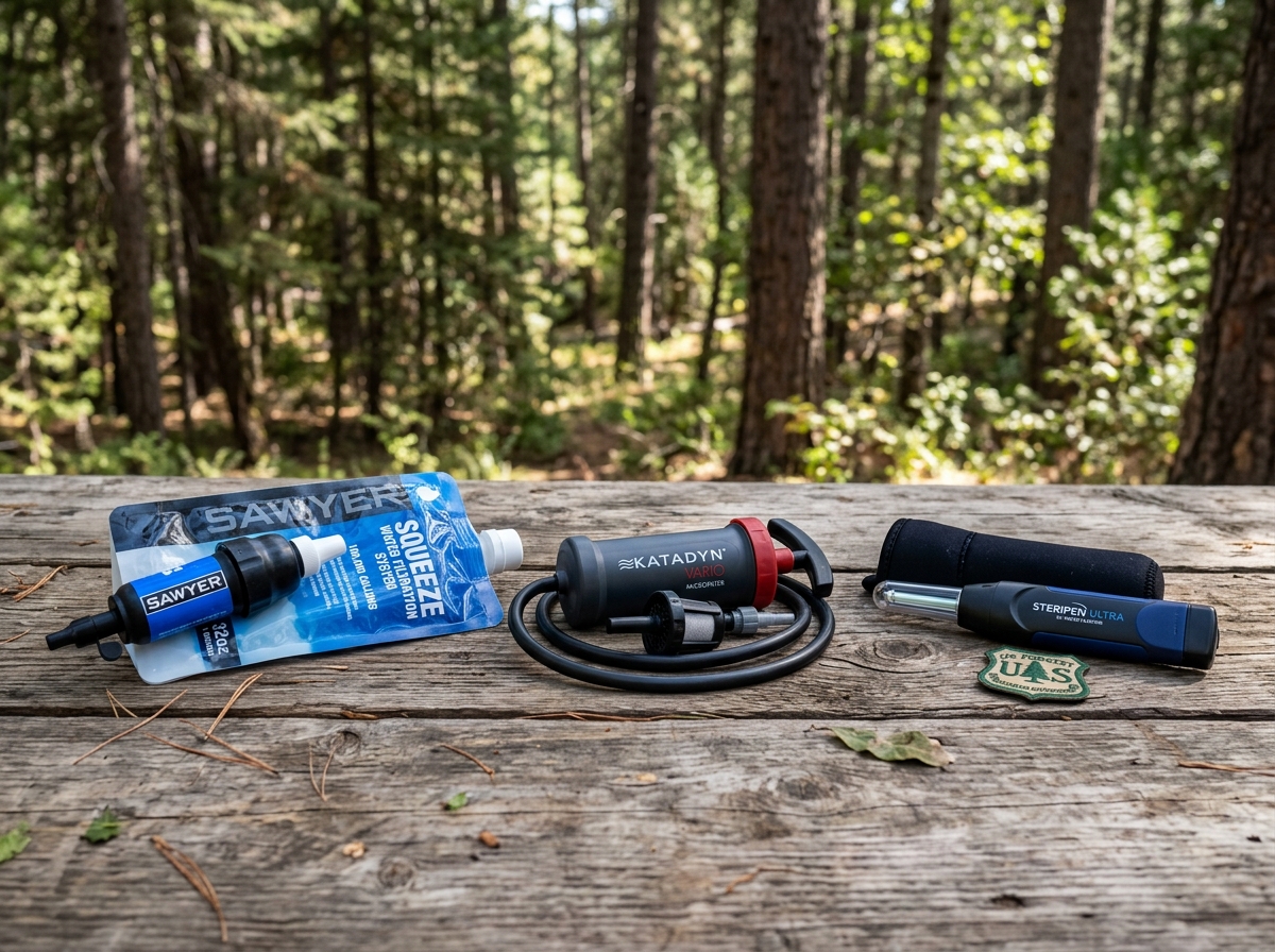 Various water filtration devices including a squeeze filter, a pump, and a UV pen on a wooden table - best filter for camping