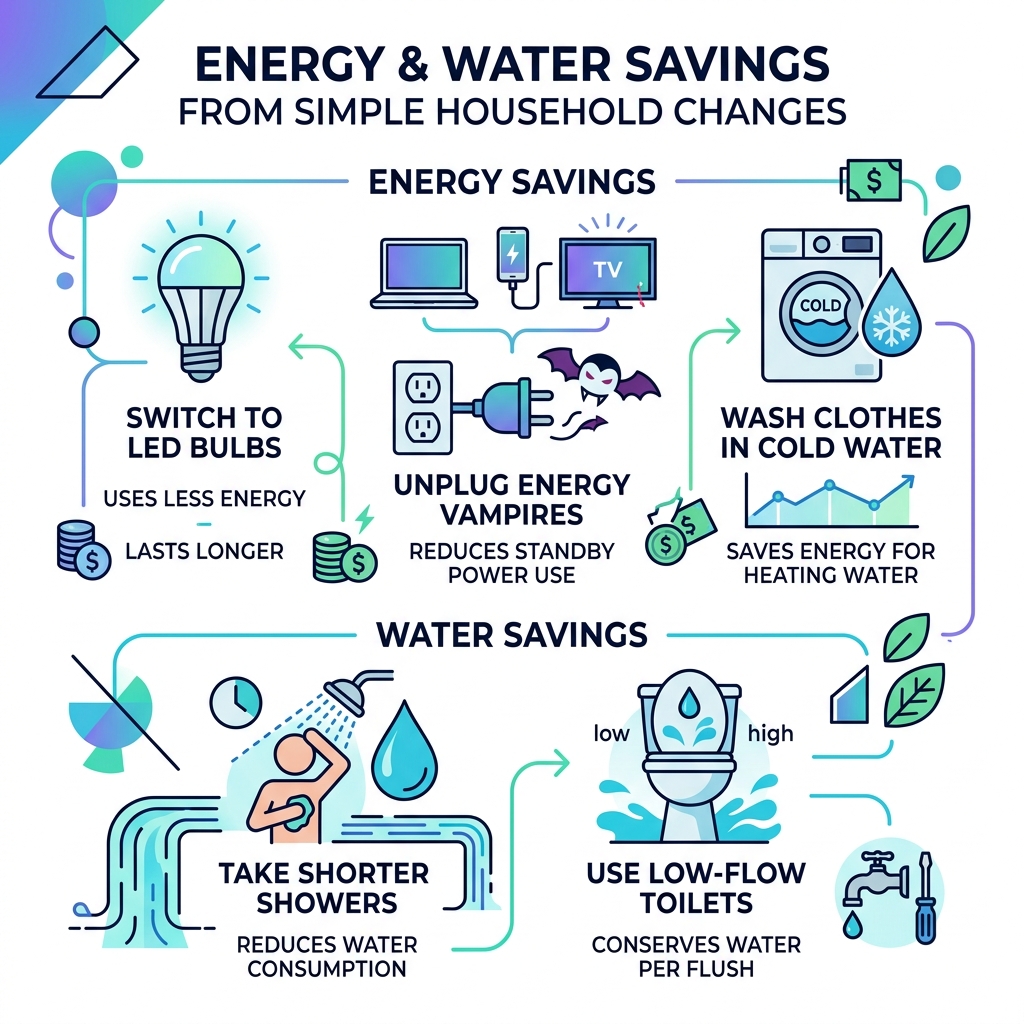 infographic showing energy and water savings from simple household changes - eco friendly habits essay infographic infographic showing energy and water savings from simple household changes - eco friendly habits essay infographic