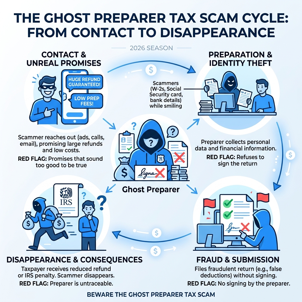 Infographic showing the ghost preparer tax scam cycle from contact to fraud to disappearance - Ghost preparer tax scam Infographic showing the ghost preparer tax scam cycle from contact to fraud to disappearance - Ghost preparer tax scam