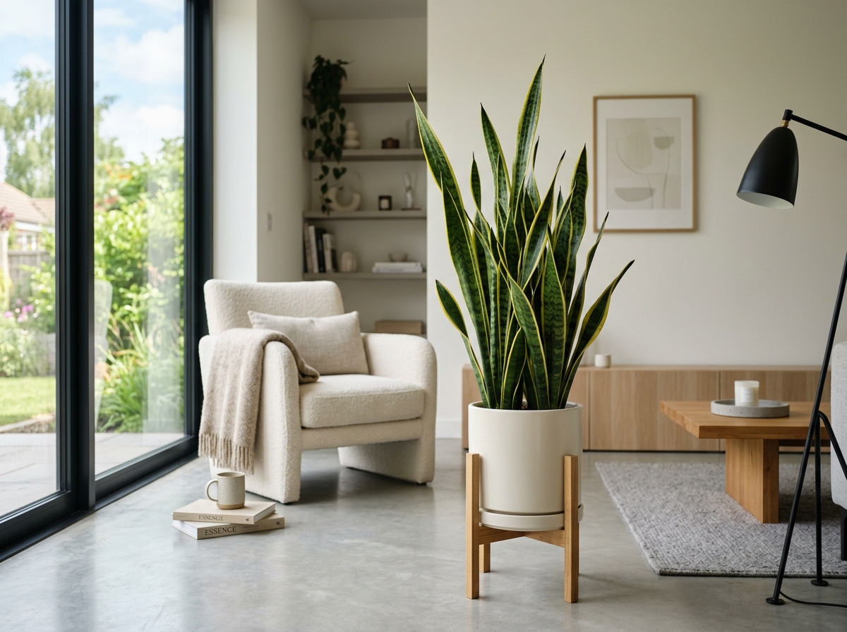 a tall healthy snake plant in a modern living room - plants combat indoor chemical fumes a tall healthy snake plant in a modern living room - plants combat indoor chemical fumes