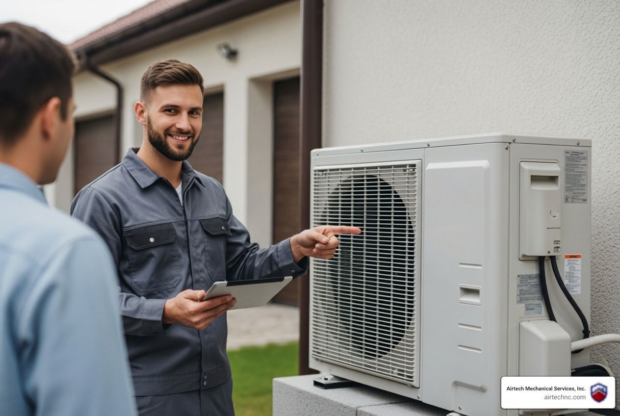 infographic showing professional heat pump installation process including NATE certification, proper licensing and insurance, comprehensive home assessment, load calculation requirements, energy-efficient system options with SEER2 and HSPF2 ratings, manufacturer warranties, workmanship guarantees, and post-installation testing procedures - best heat pump installation in new bern, nc