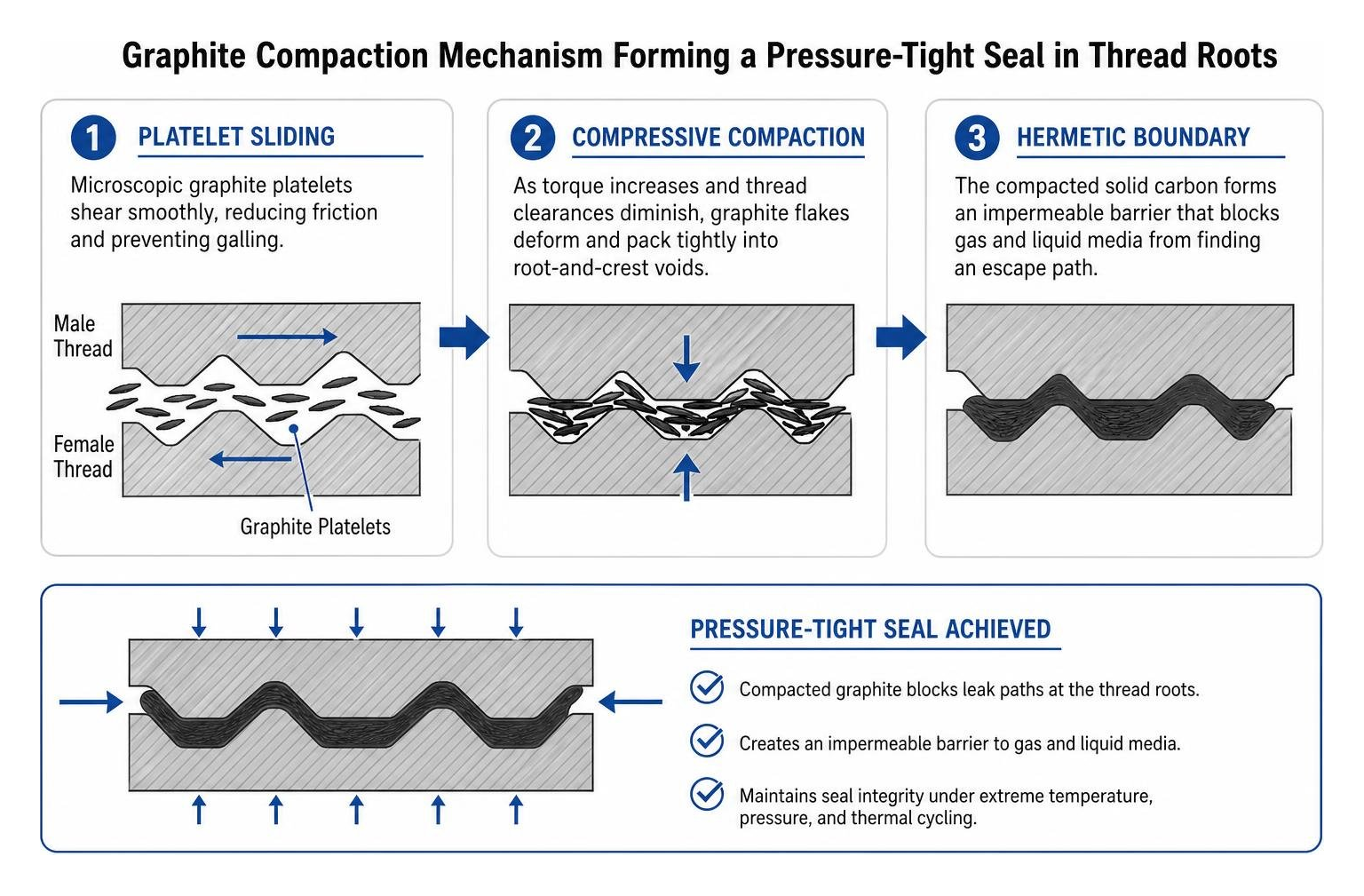 Graphite compaction mechanism forming a pressure-tight seal in thread roots Graphite compaction mechanism forming a pressure-tight seal in thread roots