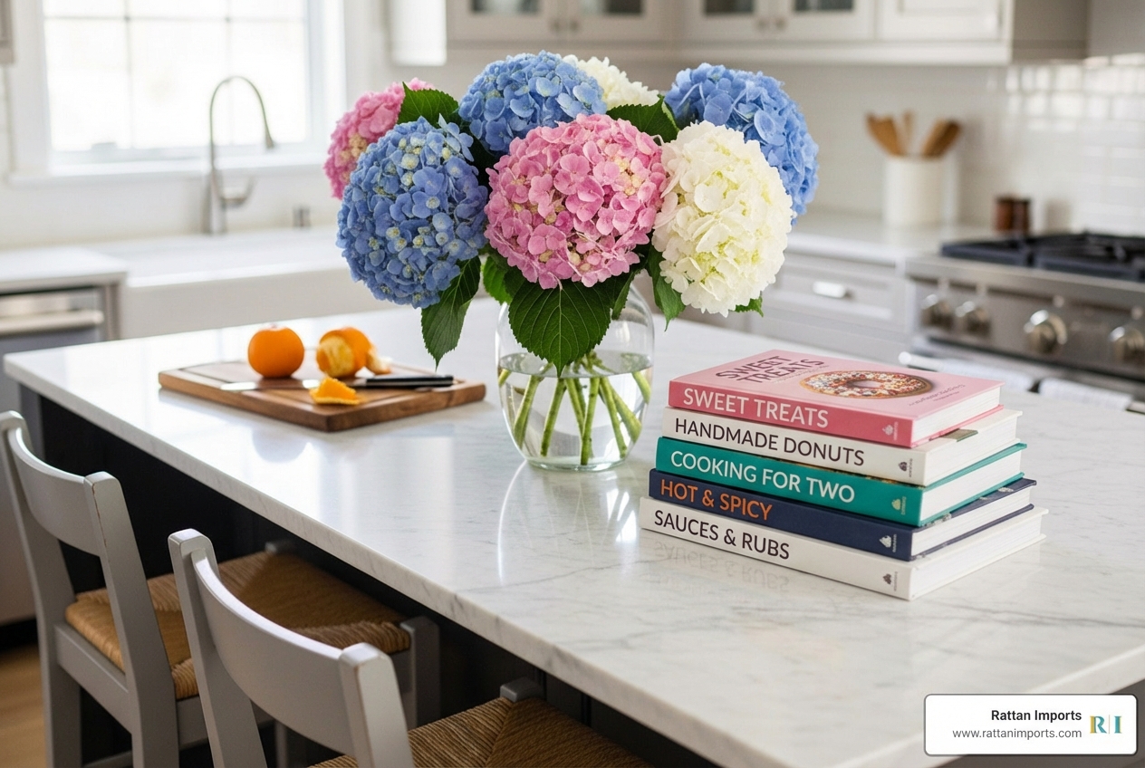 kitchen island with marble top, vase of fresh hydrangeas, and stack of cookbooks - nancy meyers kitchen aesthetic