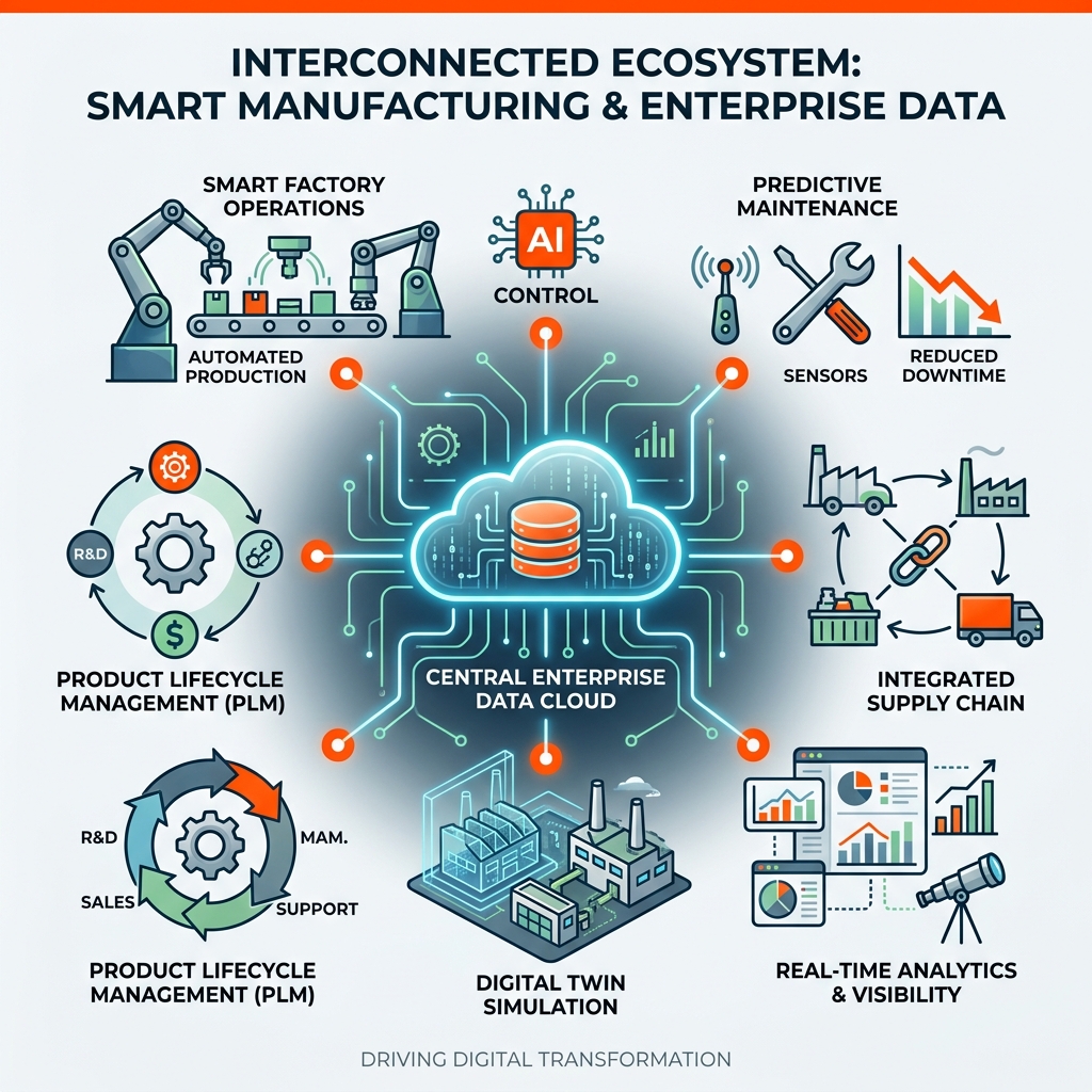 interconnected ecosystem of smart manufacturing and enterprise data - enterprise technology and industrial equipment