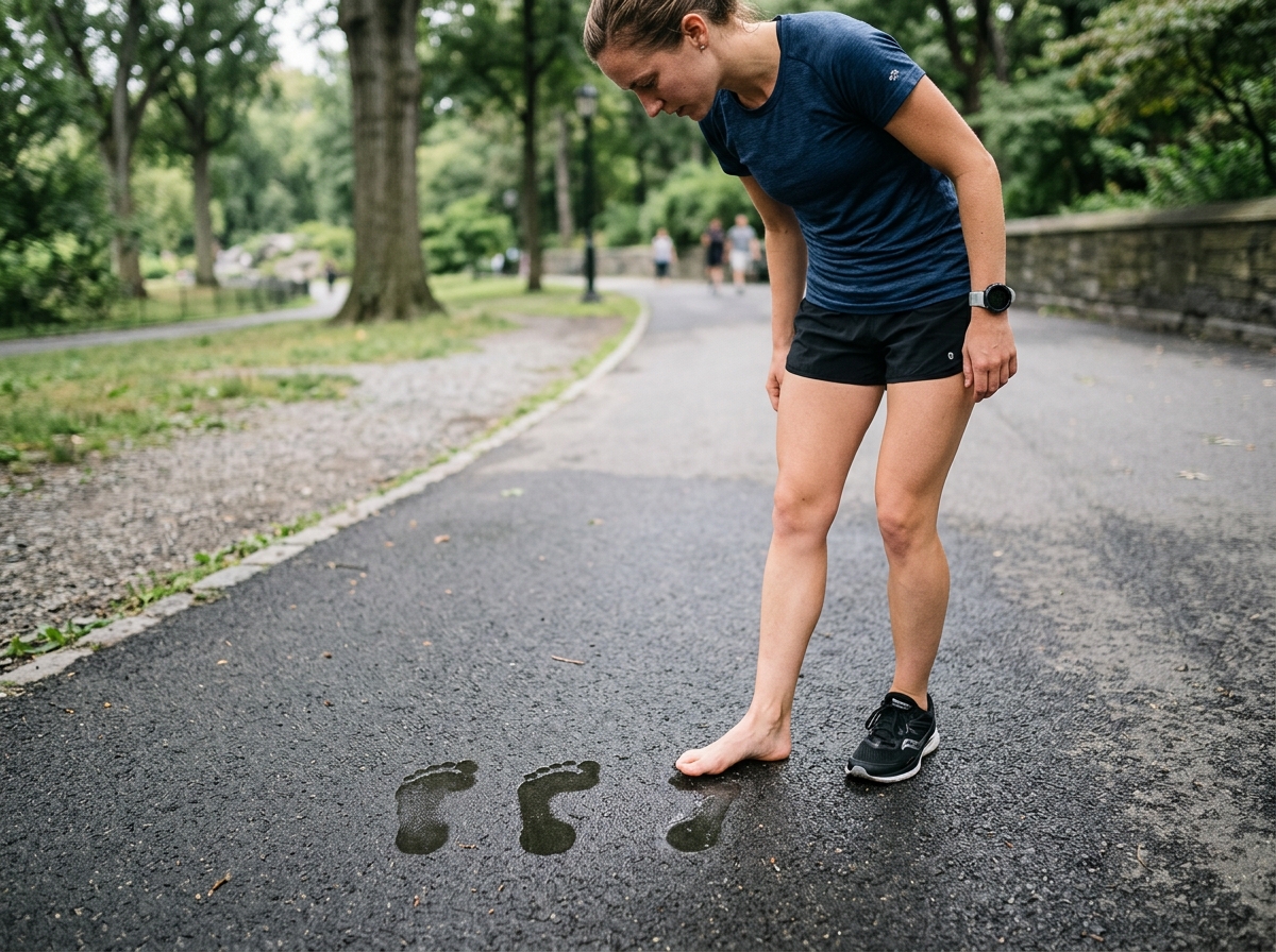 runner performing the wet foot test on pavement - best flat feet running shoes