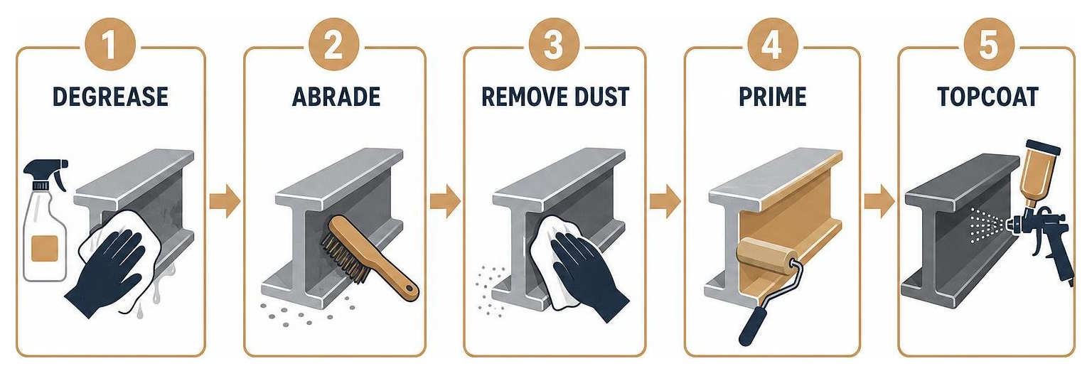 Step-by-step surface preparation process: degrease, abrade, remove dust, prime, topcoat Step-by-step surface preparation process: degrease, abrade, remove dust, prime, topcoat