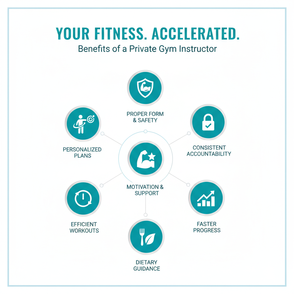 Infographic showing the key benefits of hiring a private gym instructor: personalized workout plans tailored to your goals and body, expert instruction on proper form to prevent injury, consistent accountability to keep you on track, efficient use of gym time with structured sessions, motivation and support during challenging moments, faster progress toward weight loss or muscle gain goals, and dietary guidance for holistic wellness - private gym instructor near me infographic Infographic showing the key benefits of hiring a private gym instructor: personalized workout plans tailored to your goals and body, expert instruction on proper form to prevent injury, consistent accountability to keep you on track, efficient use of gym time with structured sessions, motivation and support during challenging moments, faster progress toward weight loss or muscle gain goals, and dietary guidance for holistic wellness - private gym instructor near me infographic