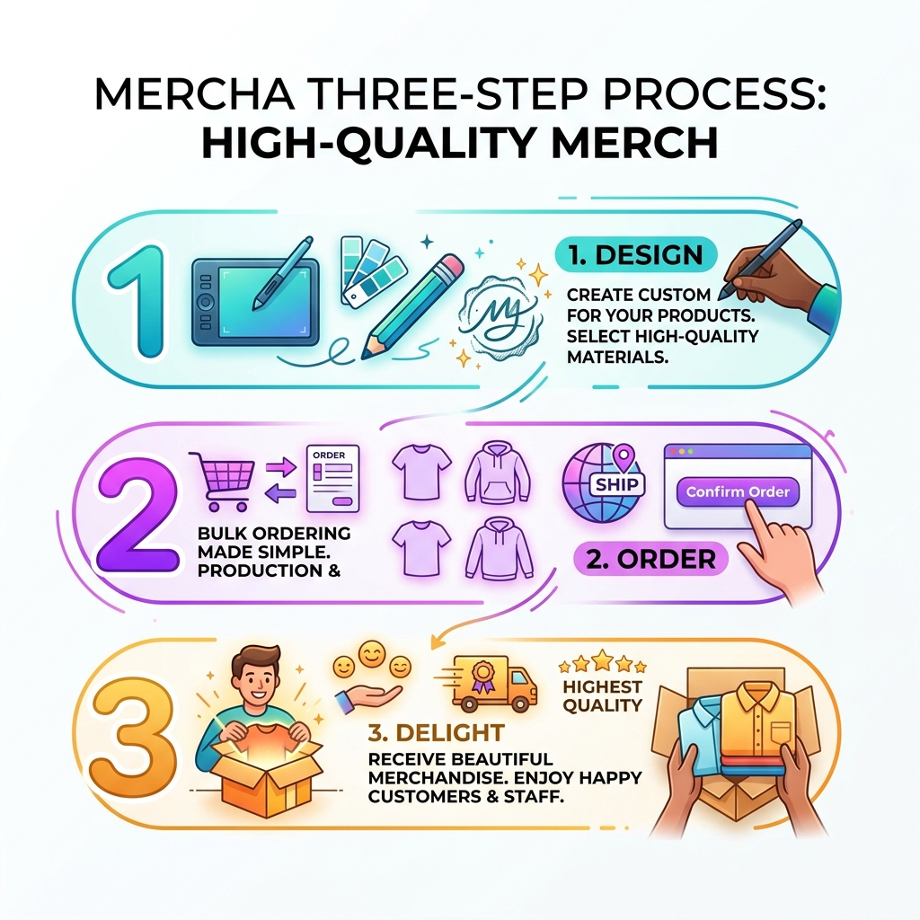 Infographic explaining the Mercha three-step process: Design, Order, and Delight: highest quality merch infographic Infographic explaining the Mercha three-step process: Design, Order, and Delight: highest quality merch infographic