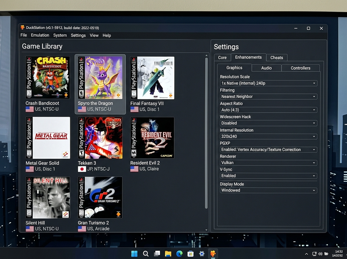 DuckStation user interface showing game library and settings - best playstation emulator