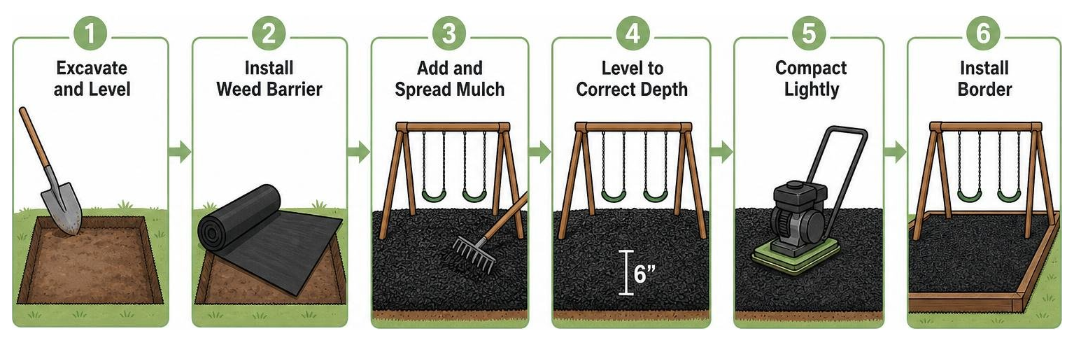 A step-by-step diagram of the rubber mulch installation process from excavation to final border installation