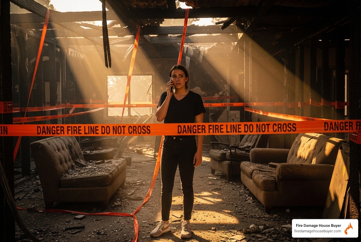 Heir calling for help while inspecting an orange-taped fire-damaged California home - sell inherited fire damaged house california Heir calling for help while inspecting an orange-taped fire-damaged California home - sell inherited fire damaged house california
