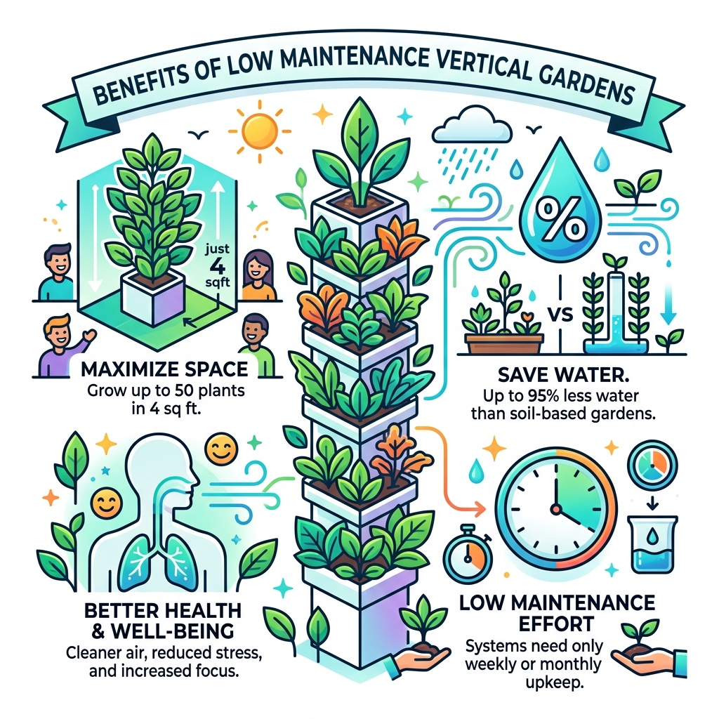 Benefits of low maintenance vertical gardens infographic showing space savings, water efficiency, health benefits, and