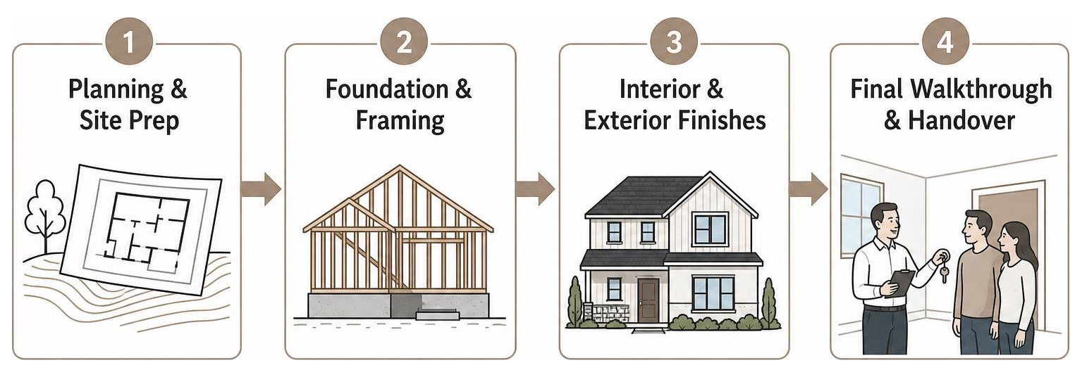 Diagram showing the custom home building workflow: Planning & Site Prep, Foundation & Framing, Interior & Exterior Finishes Diagram showing the custom home building workflow: Planning & Site Prep, Foundation & Framing, Interior & Exterior Finishes