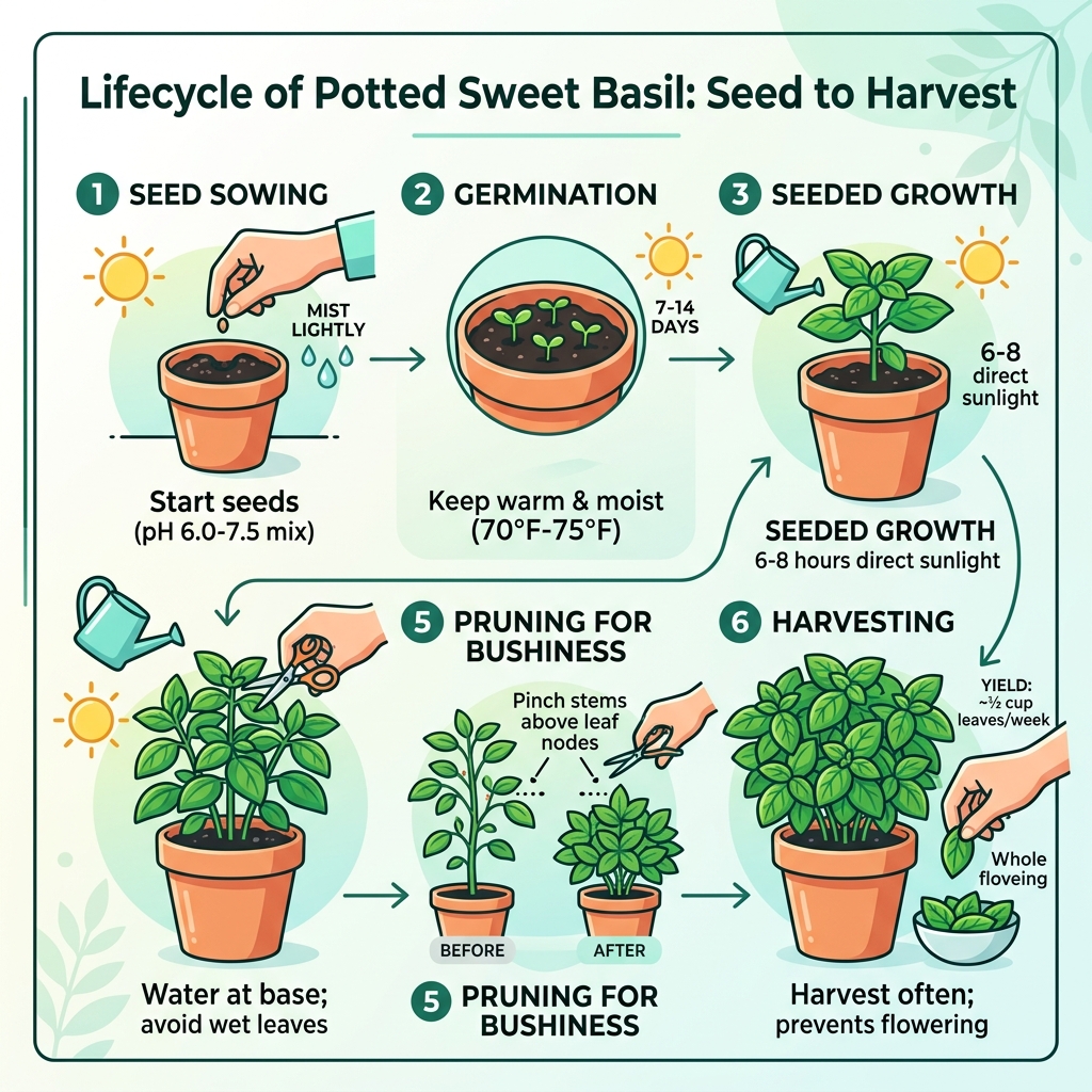 Lifecycle of potted basil from seed to harvest, showing germination, growth stages, pruning, and harvest - planting sweet Lifecycle of potted basil from seed to harvest, showing germination, growth stages, pruning, and harvest - planting sweet