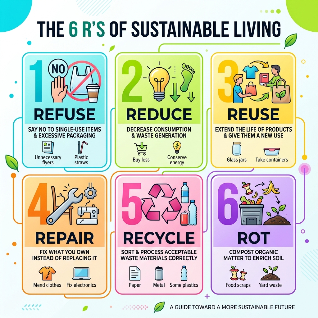 Infographic showing the 6 R's of sustainable living: Refuse, Reduce, Reuse, Repair, Recycle, Rot - eco friendly products
