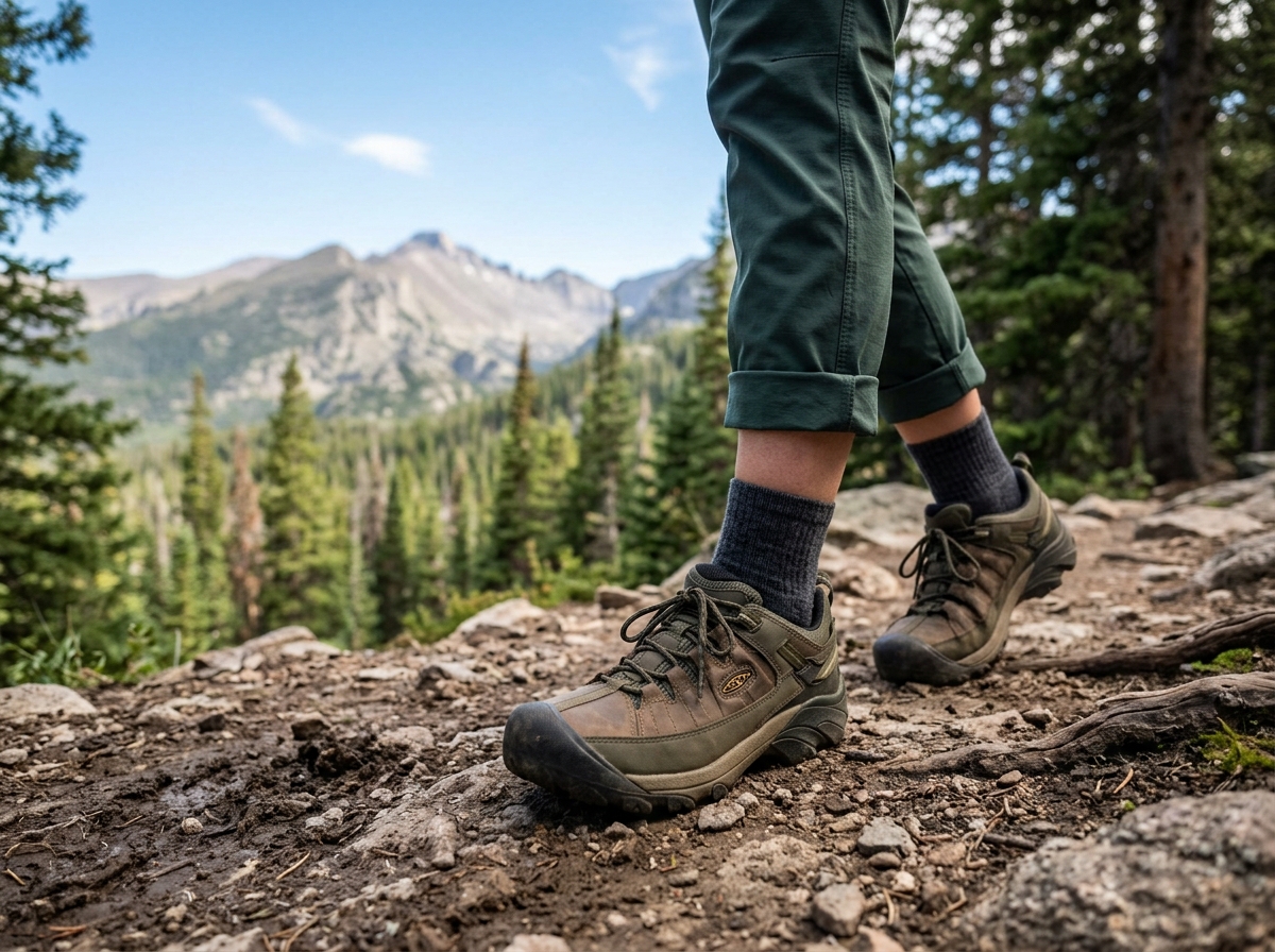 Hiker foot inside a wide shoe showing natural toe splay and alignment - big toe box hiking shoes