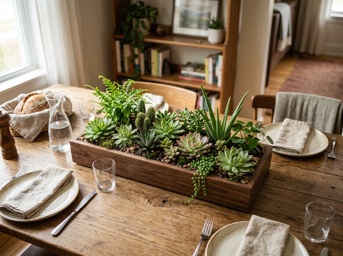 A low-profile wooden planter box used as a dining table centerpiece - tabletop planter ideas A low-profile wooden planter box used as a dining table centerpiece - tabletop planter ideas