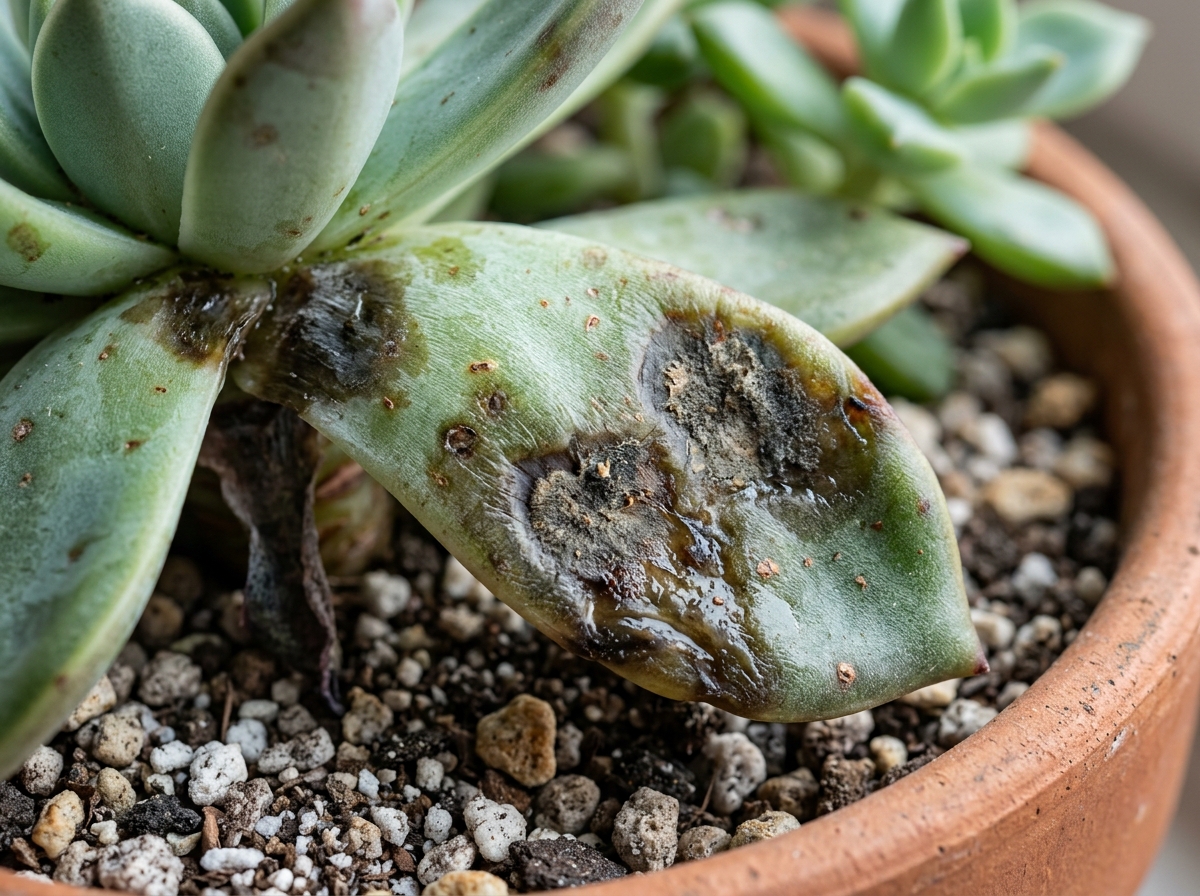 Close up of a succulent leaf with dark mushy spots showing signs of fungal rot - can you spray water on succulents