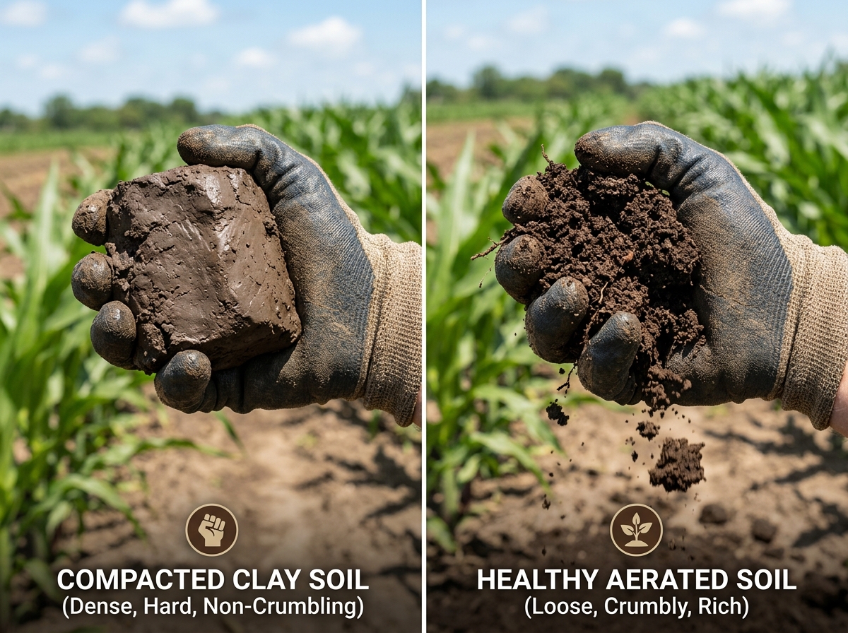A side-by-side comparison of compacted soil vs. aerated, healthy soil structure - Soil preparation techniques