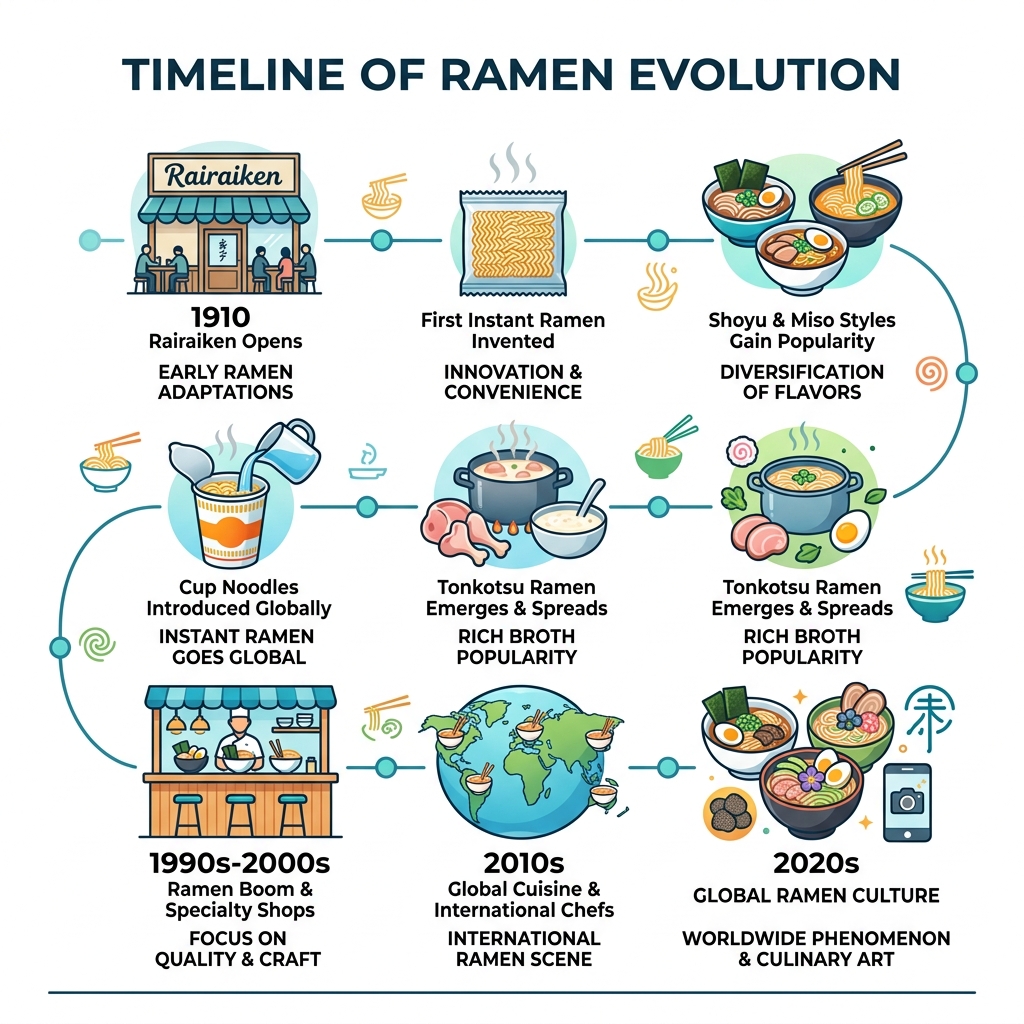 Timeline infographic of ramen evolution from 1910 Rairaiken opening to 2020s global ramen culture - ramen noodles Timeline infographic of ramen evolution from 1910 Rairaiken opening to 2020s global ramen culture - ramen noodles