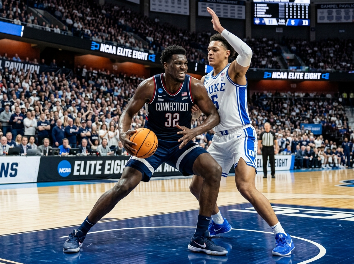 Tarris Reed Jr. battling for a post-up position against Duke's defense - duke vs uconn