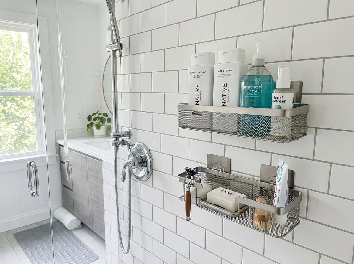 A modern bathroom featuring sleek adhesive caddies holding toiletries - adhesive wall basket holders A modern bathroom featuring sleek adhesive caddies holding toiletries - adhesive wall basket holders