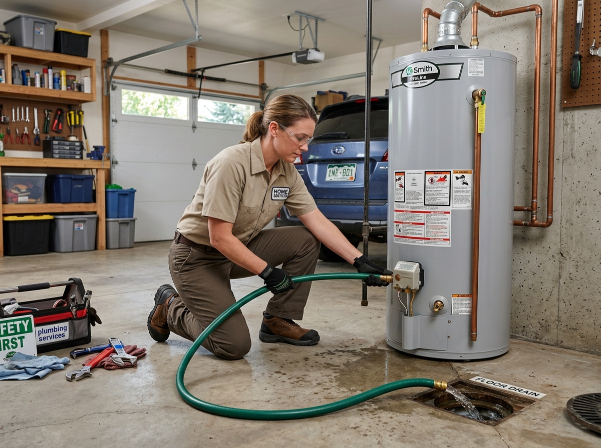 a technician flushing a residential water heater - plumbing and heating maintenance