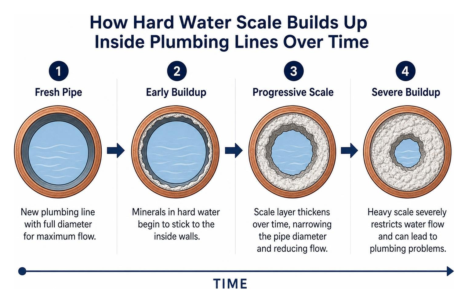 How hard water scale builds up inside plumbing lines over time How hard water scale builds up inside plumbing lines over time