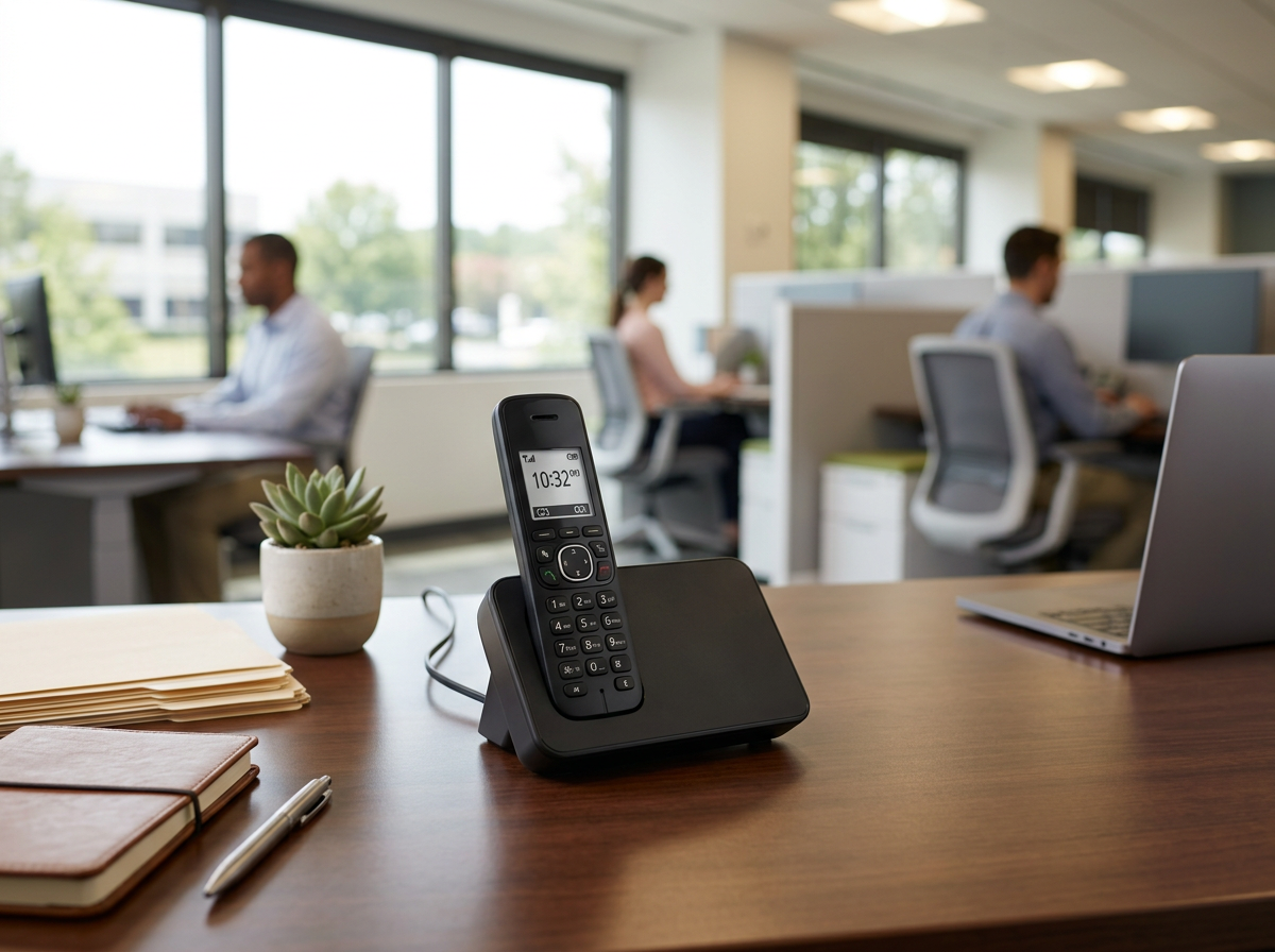 A modern VoIP WiFi phone sitting on a sleek office desk A modern VoIP WiFi phone sitting on a sleek office desk