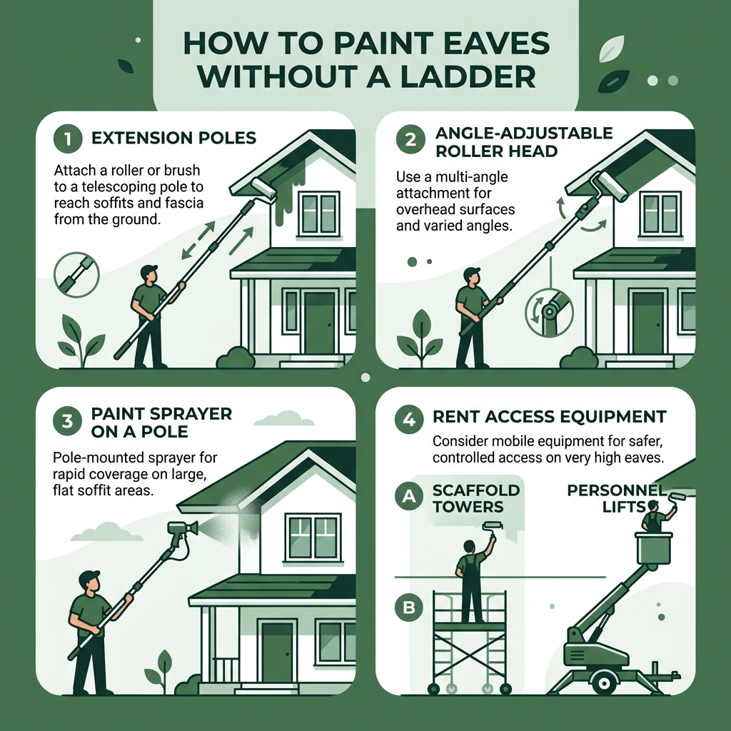 Infographic showing methods to paint eaves without a ladder: extension poles, roof access, scaffold towers, and personnel